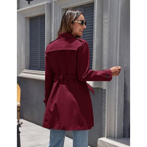 Women's Wine Red Waterproof Trench Coat with Classic Lapel and Belted Design - Picture 2 of 7